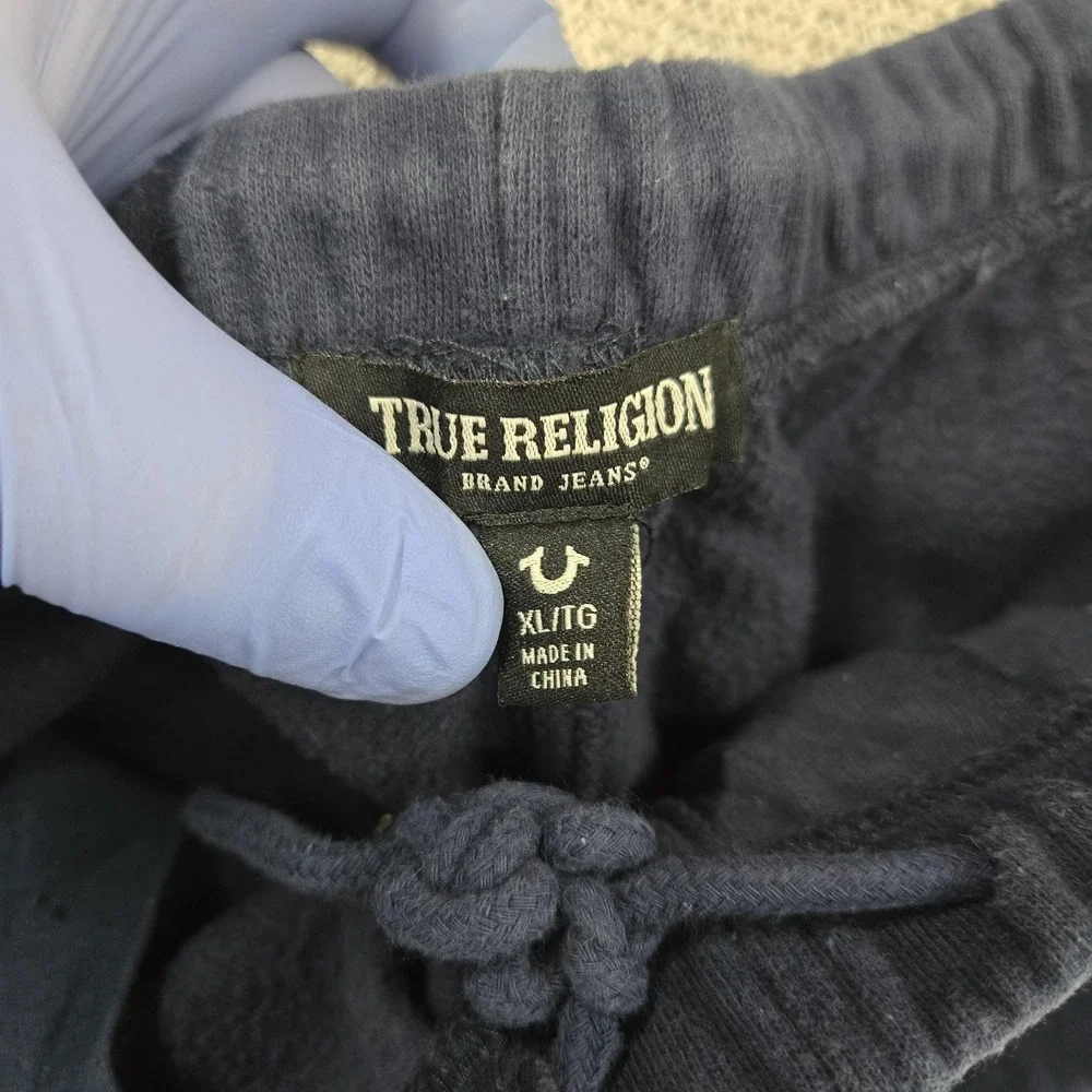 True Religion Shorts Mens XL Blue Fleece Sweat Drawstring Logo Casual Streetwear